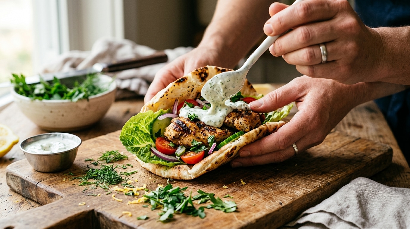 Mains garnissant une pita de sauce au yaourt et herbes