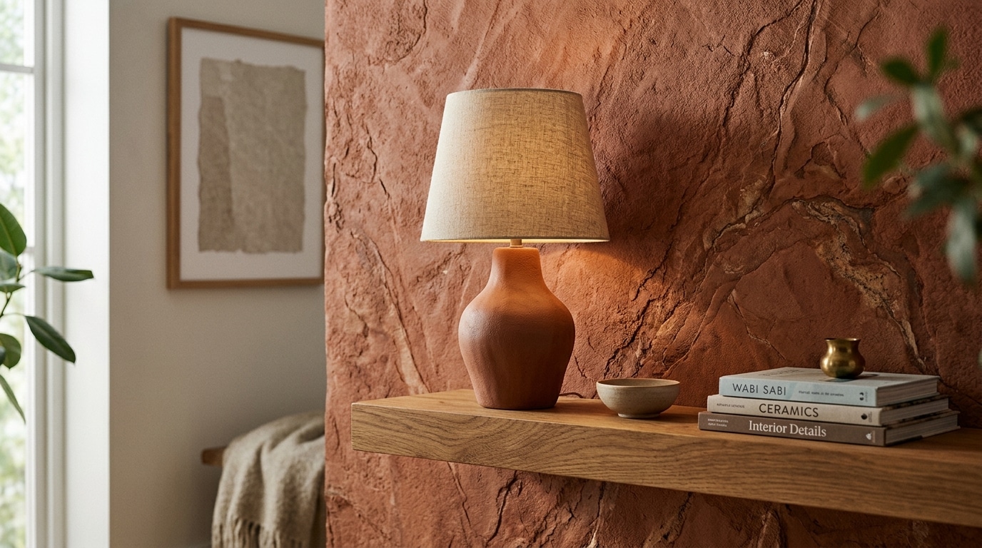 Mur texturé en pierre naturelle avec lampe sculpturale