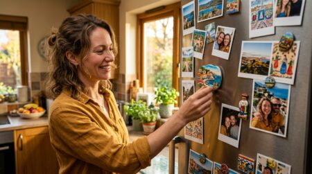 Femme accrochant un magnet décoratif sur un frigo