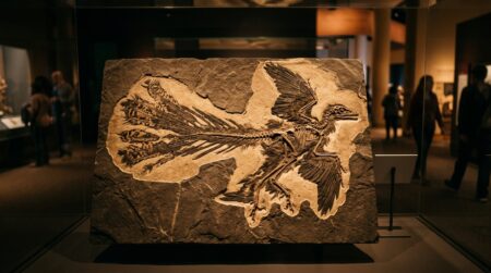 Fossile de dinosaure à plumes exposé en musée