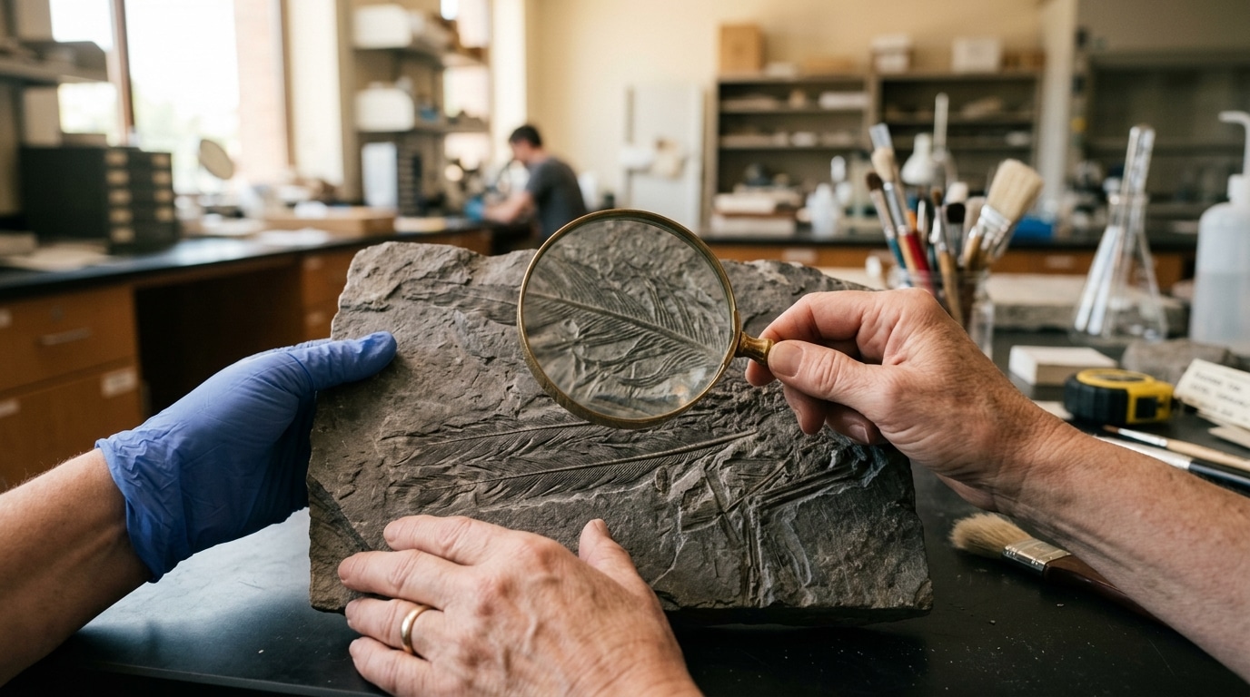 Mains examinant des empreintes de plumes fossilisées