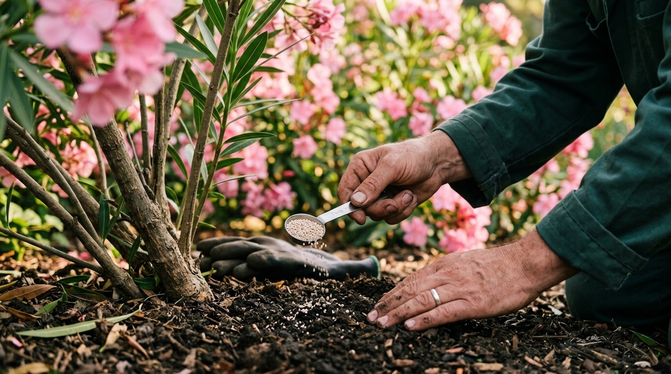 Mains appliquant de l'engrais potassique au pied du laurier-rose