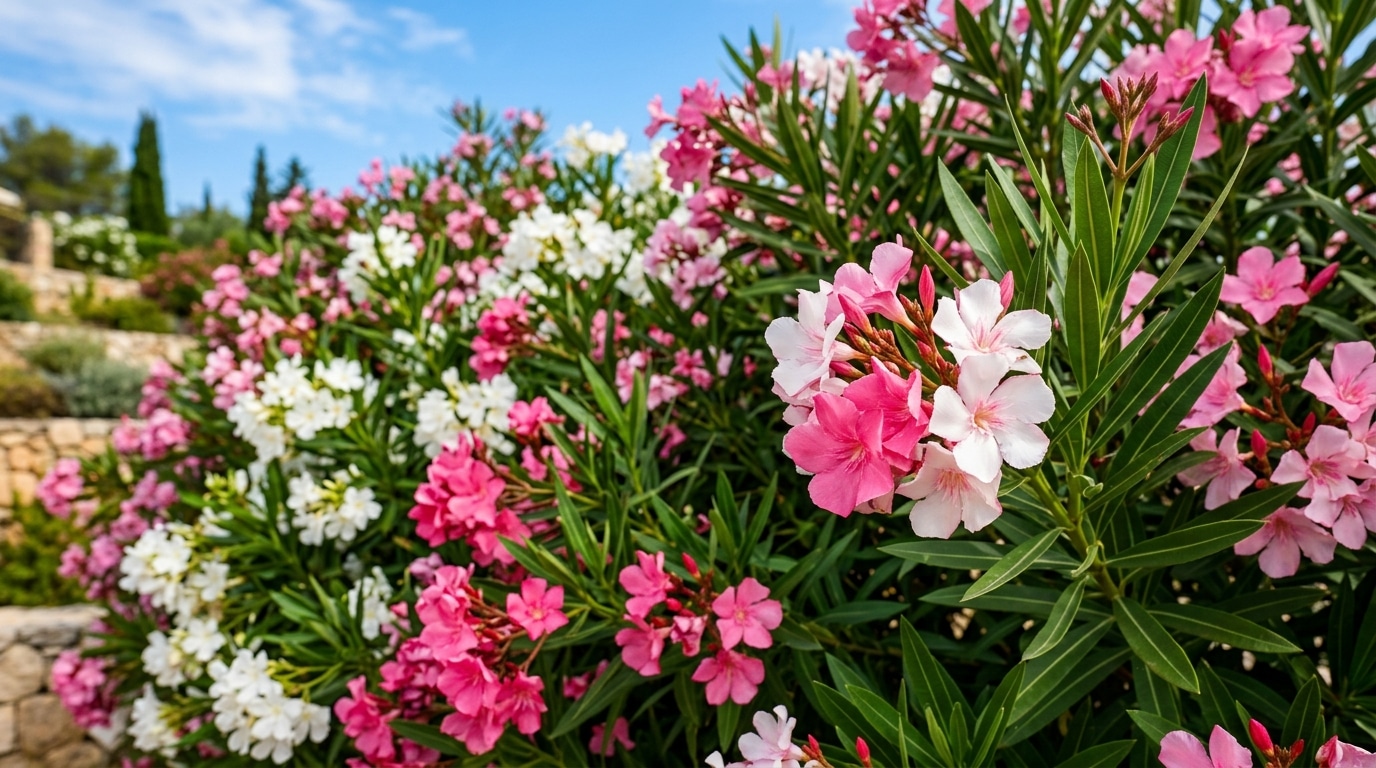 Laurier-rose couvert de fleurs roses en été