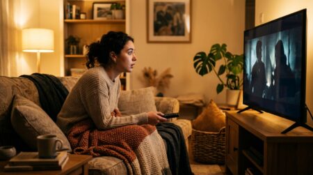 Femme regardant un film Netflix sur son canapé