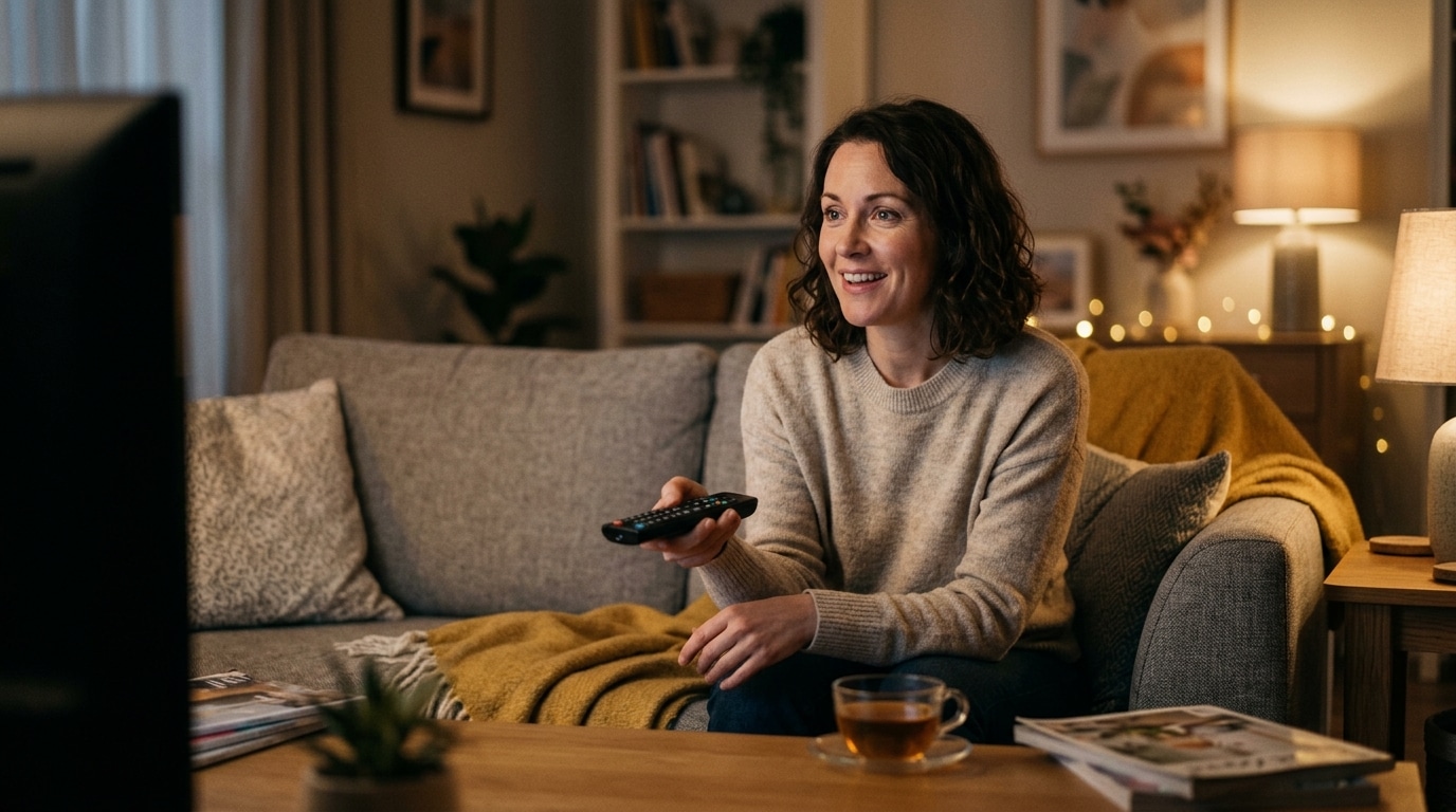 Personne souriante devant télévision allumée le soir