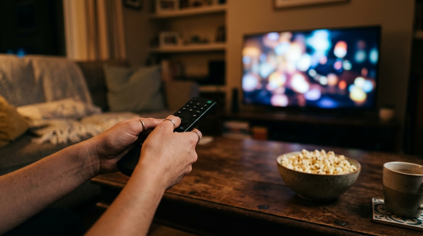 Mains tenant une télécommande face à un écran