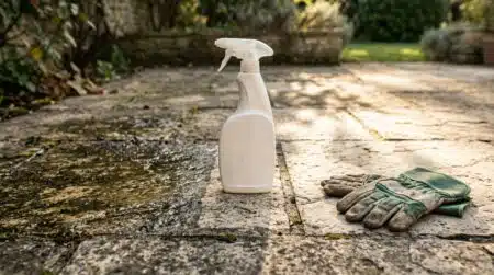 Flacon de nettoyant posé sur terrasse en pierre sale