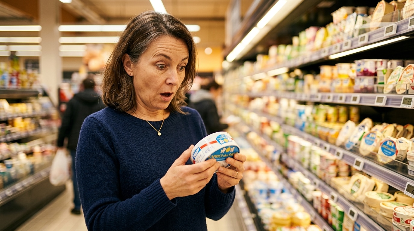 Femme surprise devant un fromage pas cher au supermarché