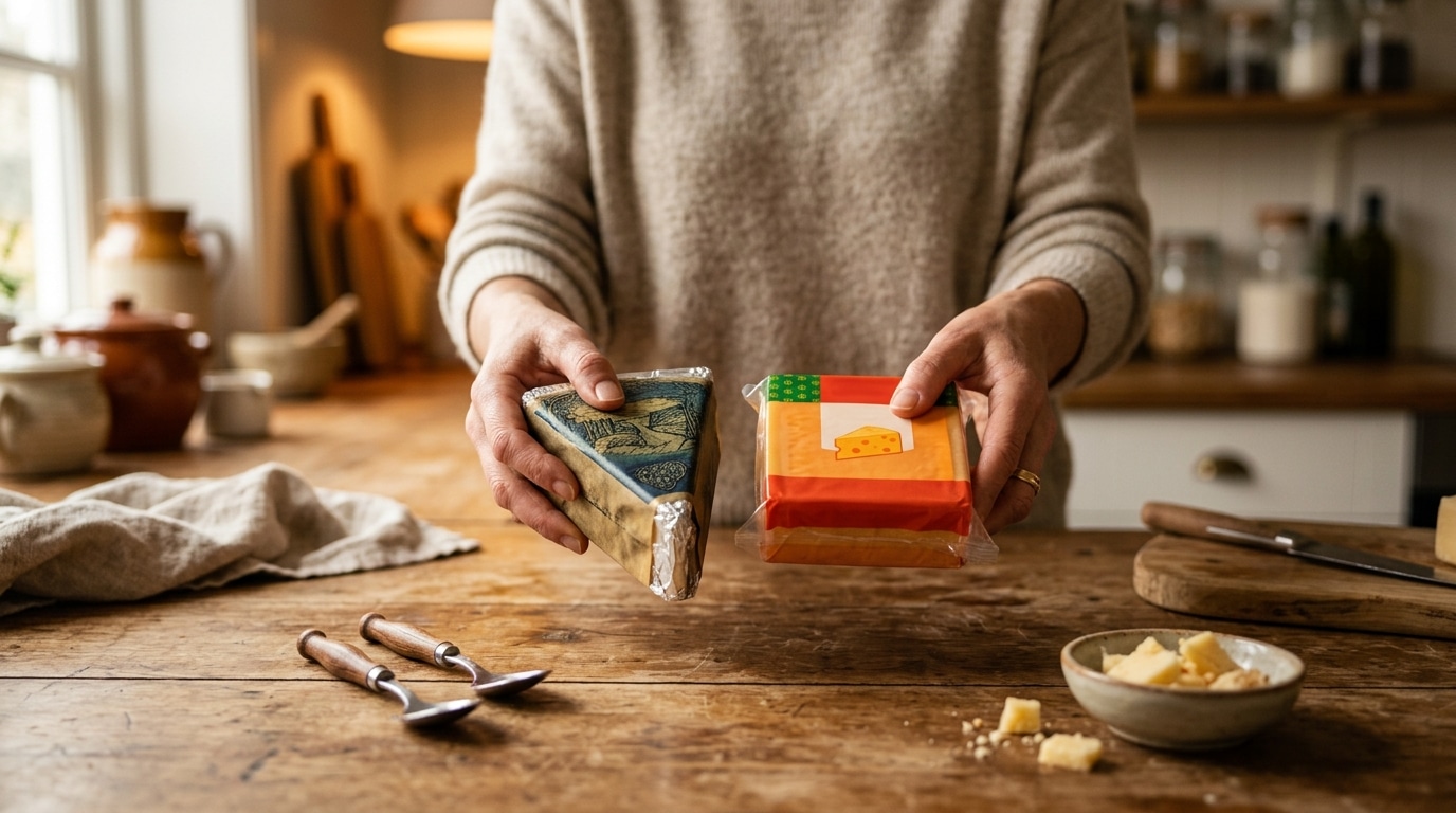 Comparaison de deux fromages, marque premium et marque distributeur