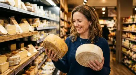 Femme comparant deux fromages au rayon supermarché