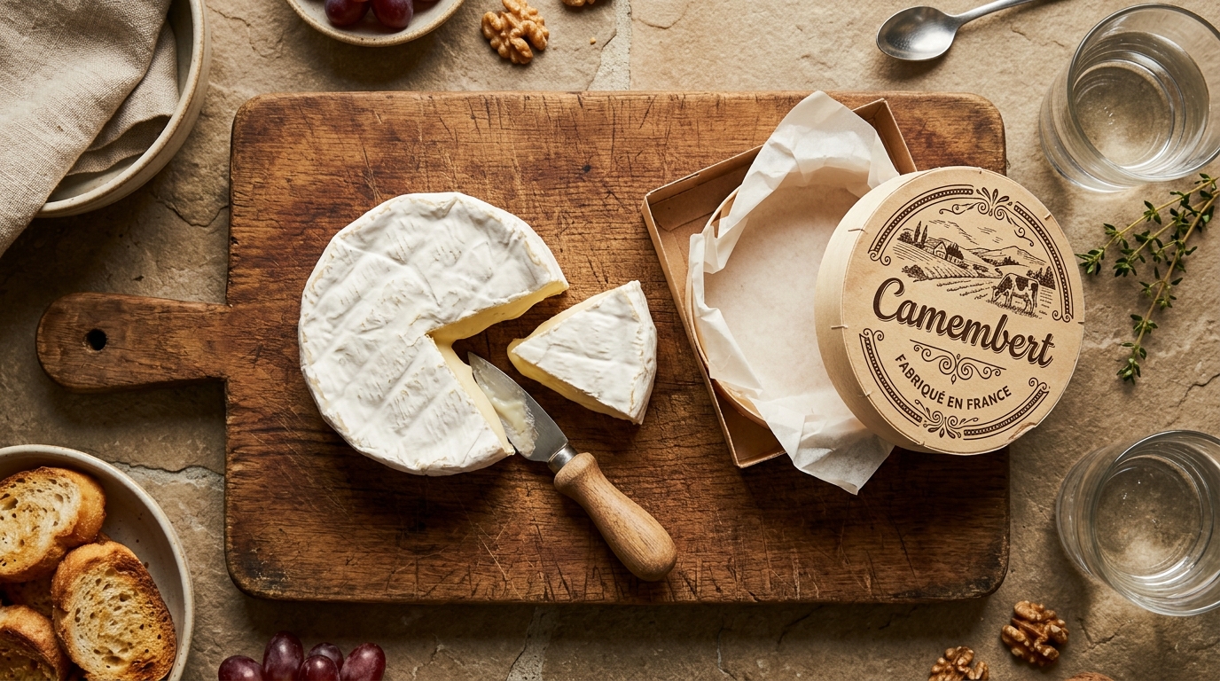 Camembert coupé sur planche en bois avec emballage