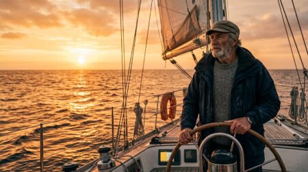 Homme âgé au gouvernail d'un yacht au coucher du soleil