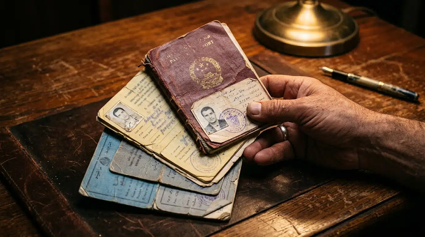 Documents d'identité falsifiés sur un bureau en bois