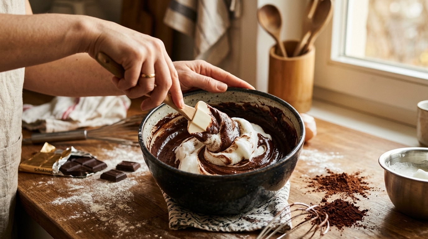 Mains mélangeant blancs en neige et pâte chocolatée