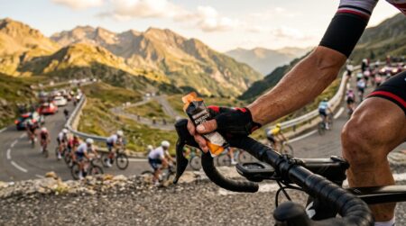 Cycliste saisissant un gel énergétique sur route de montagne