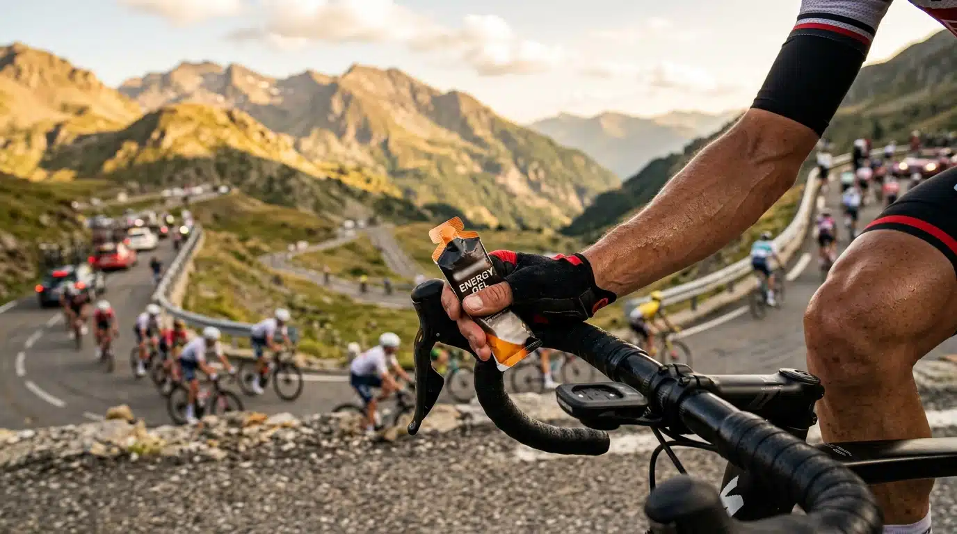 Cycliste saisissant un gel énergétique sur route de montagne