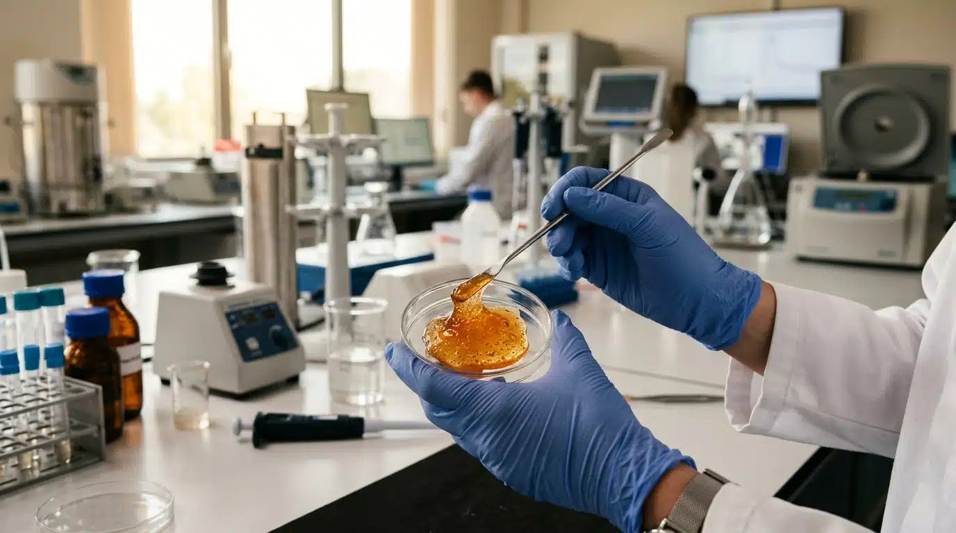 Gel translucide analysé en laboratoire de nutrition sportive