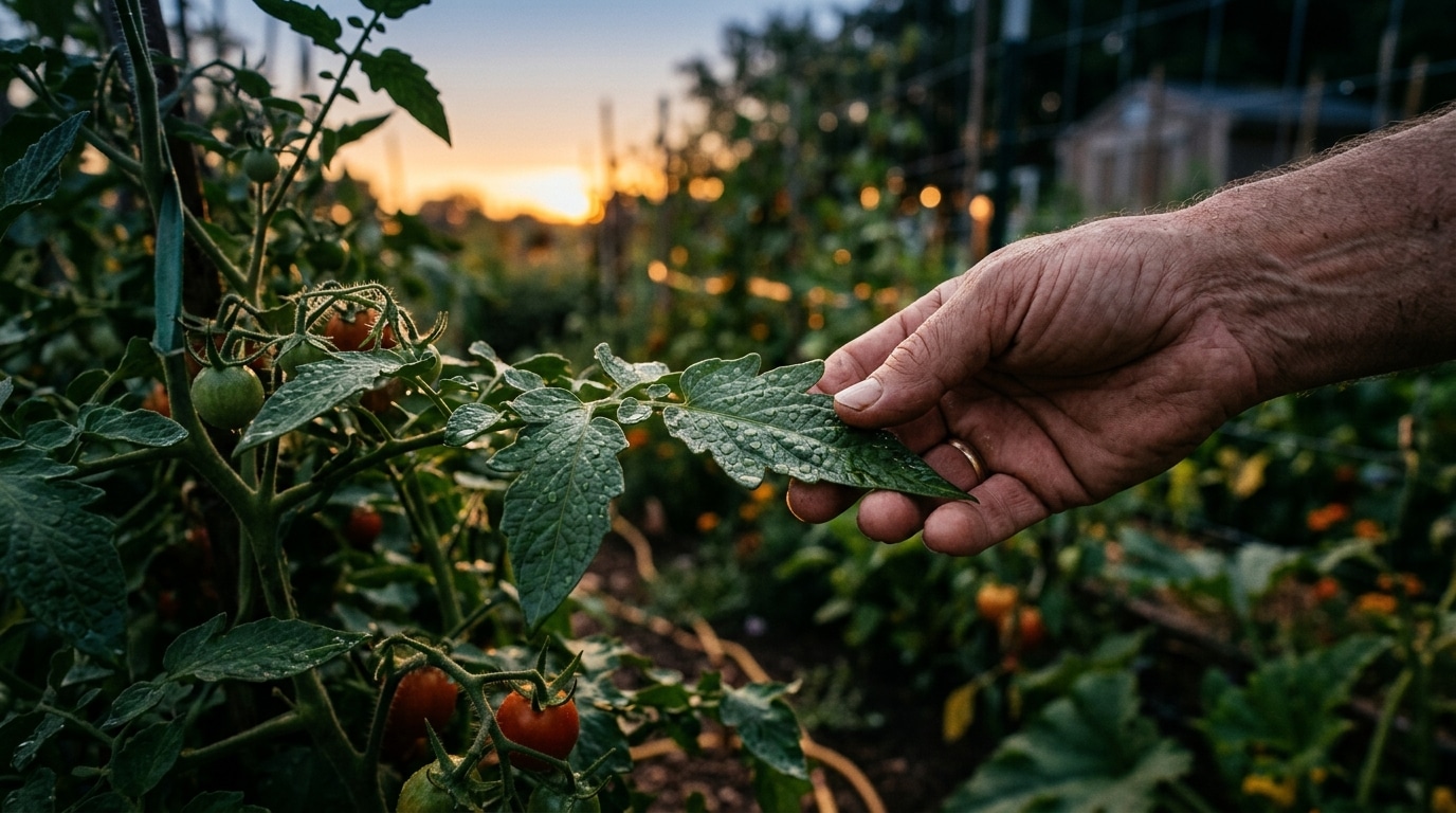 Main touchant une feuille de tomate humide au crépuscule