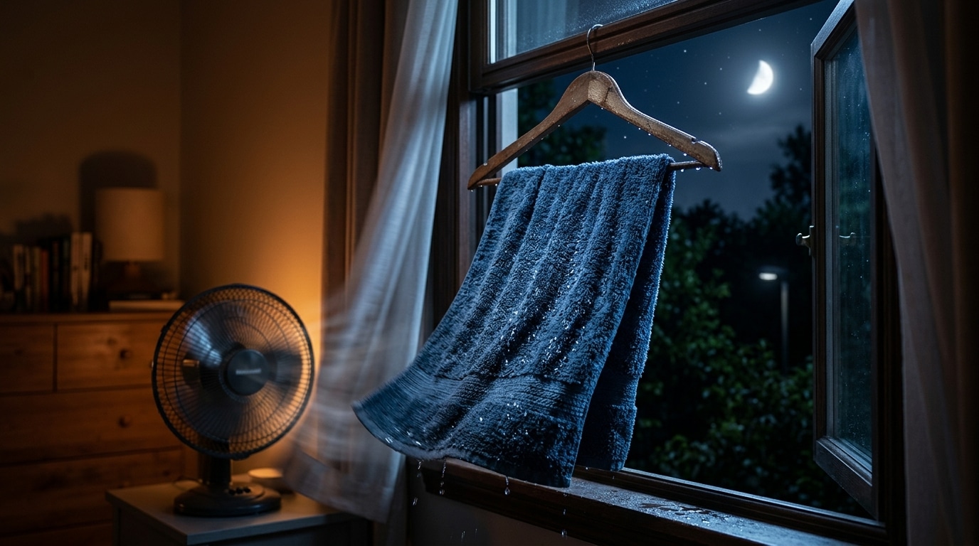 Serviette humide suspendue devant une fenêtre ouverte la nuit