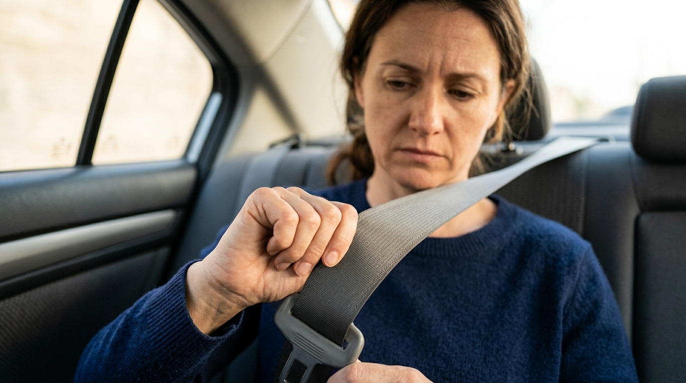 Main qui tire sur une ceinture de sécurité arrière