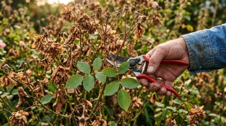 Main coupant une tige de rosier fané au sécateur
