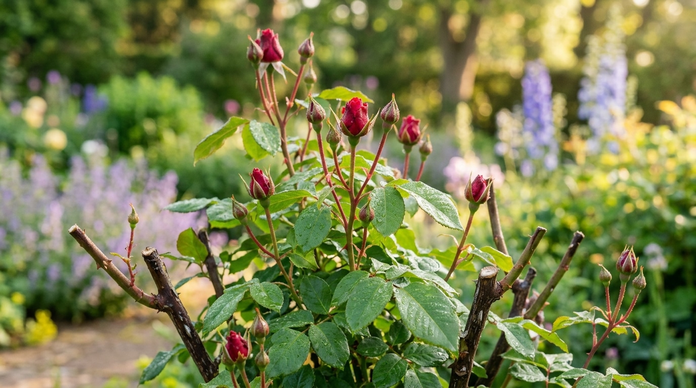 Nouveaux boutons de rose rouges après taille d'été