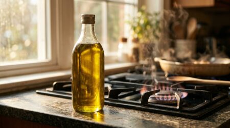 Bouteille d'huile d'olive posée près d'une plaque de cuisson