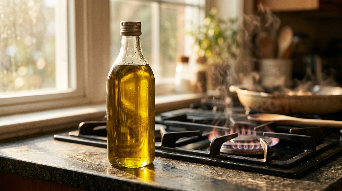 Bouteille d'huile d'olive posée près d'une plaque de cuisson