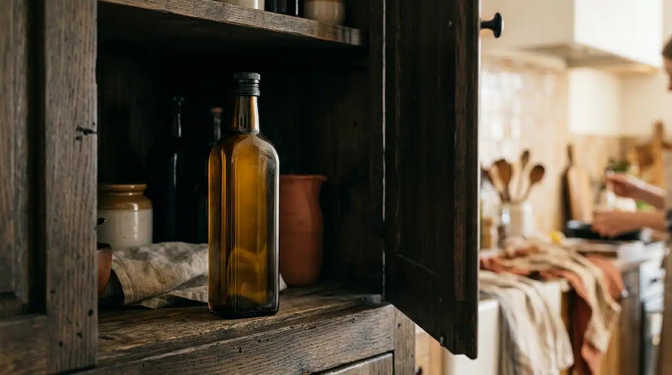 Bouteille d'huile d'olive rangée dans un placard sombre