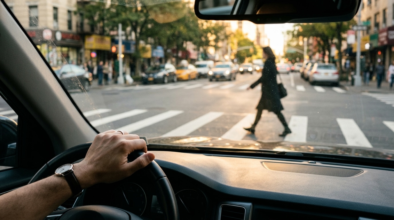 Vue depuis l'intérieur d'une voiture face à un passage piéton