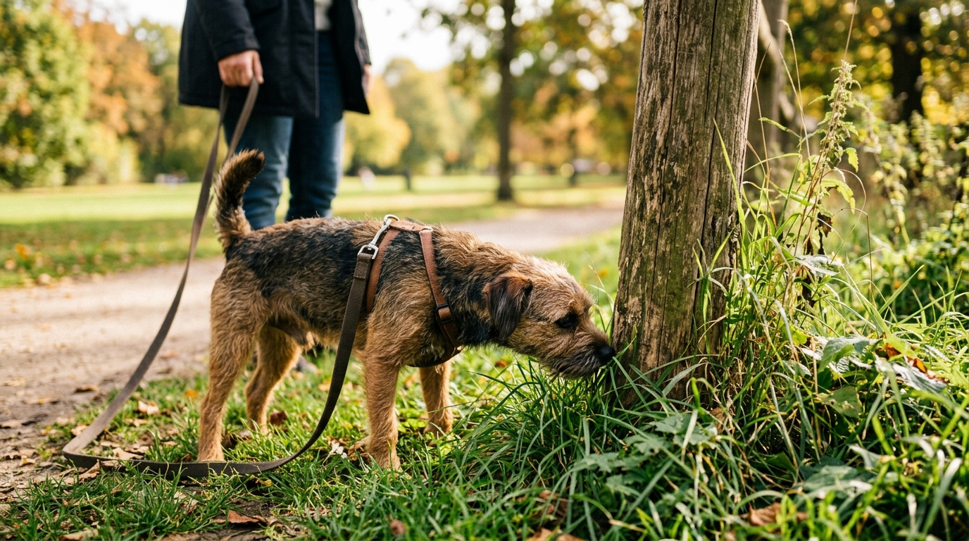 Chien reniflant longuement l'herbe pendant une promenade