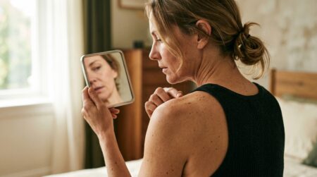 Personne examinant son dos avec un miroir à main