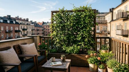 Jardinière en bois avec treillis végétalisé sur balcon