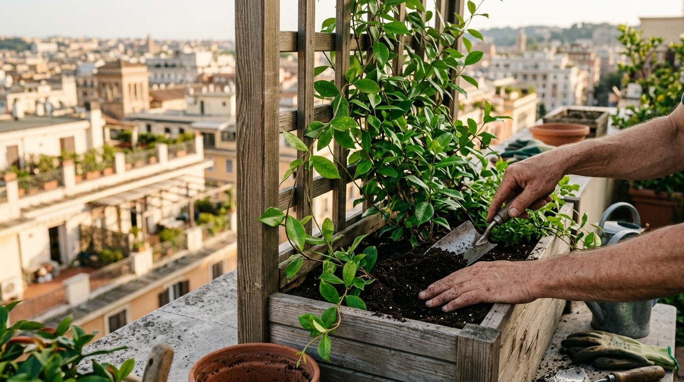 Mains plantant du terreau dans une jardinière treillis