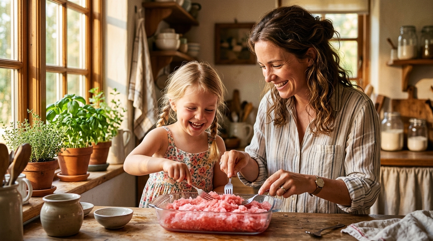 Mère et fille préparent un granité maison en cuisine