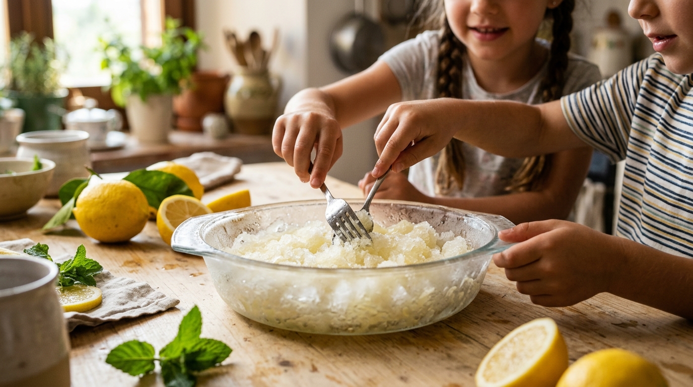 Mains d'enfant grattant un granité au citron à la fourchette