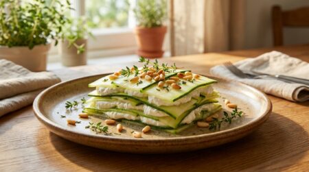 Mille-feuille de courgettes crues avec pignons de pin dorés
