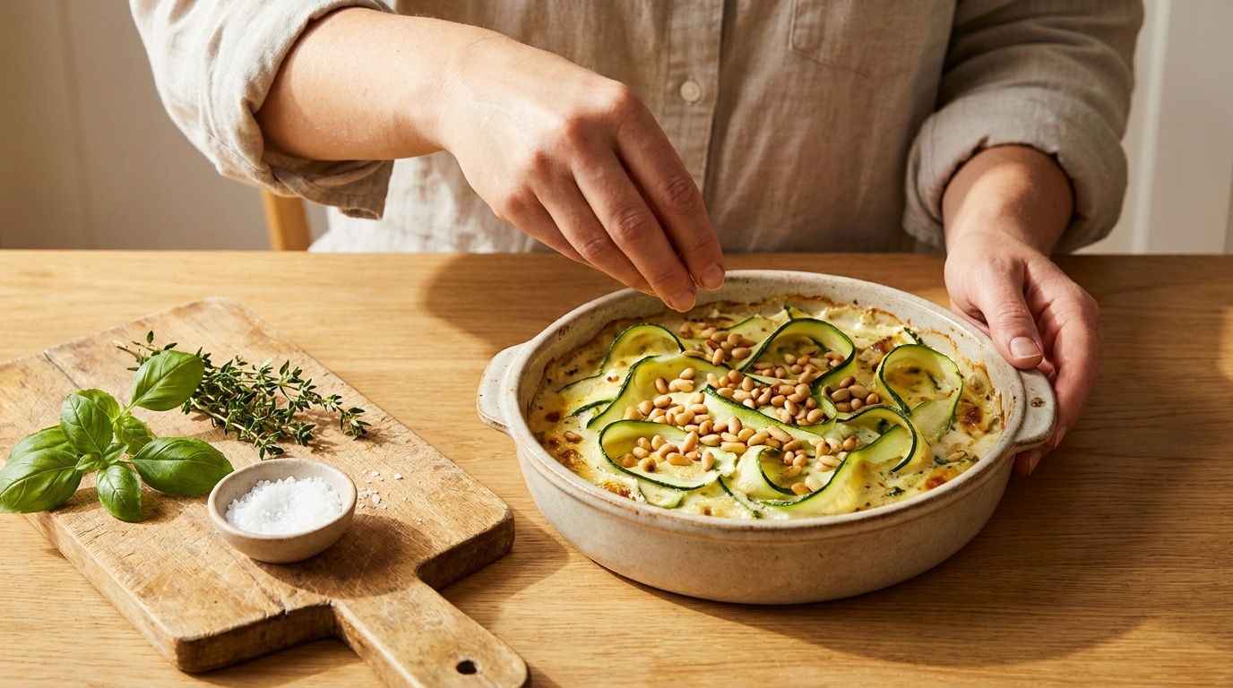 Mains parsemant des pignons torréfiés sur un plat de courgettes