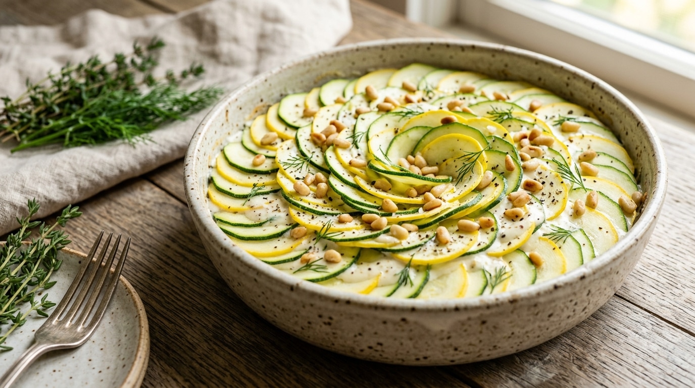 Gratin froid de courgettes crues aux pignons torréfiés