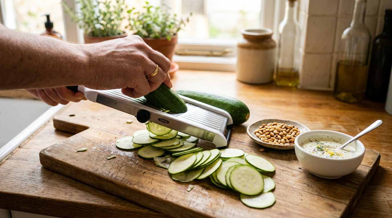 Lamelles de courgette crue coupées à la mandoline