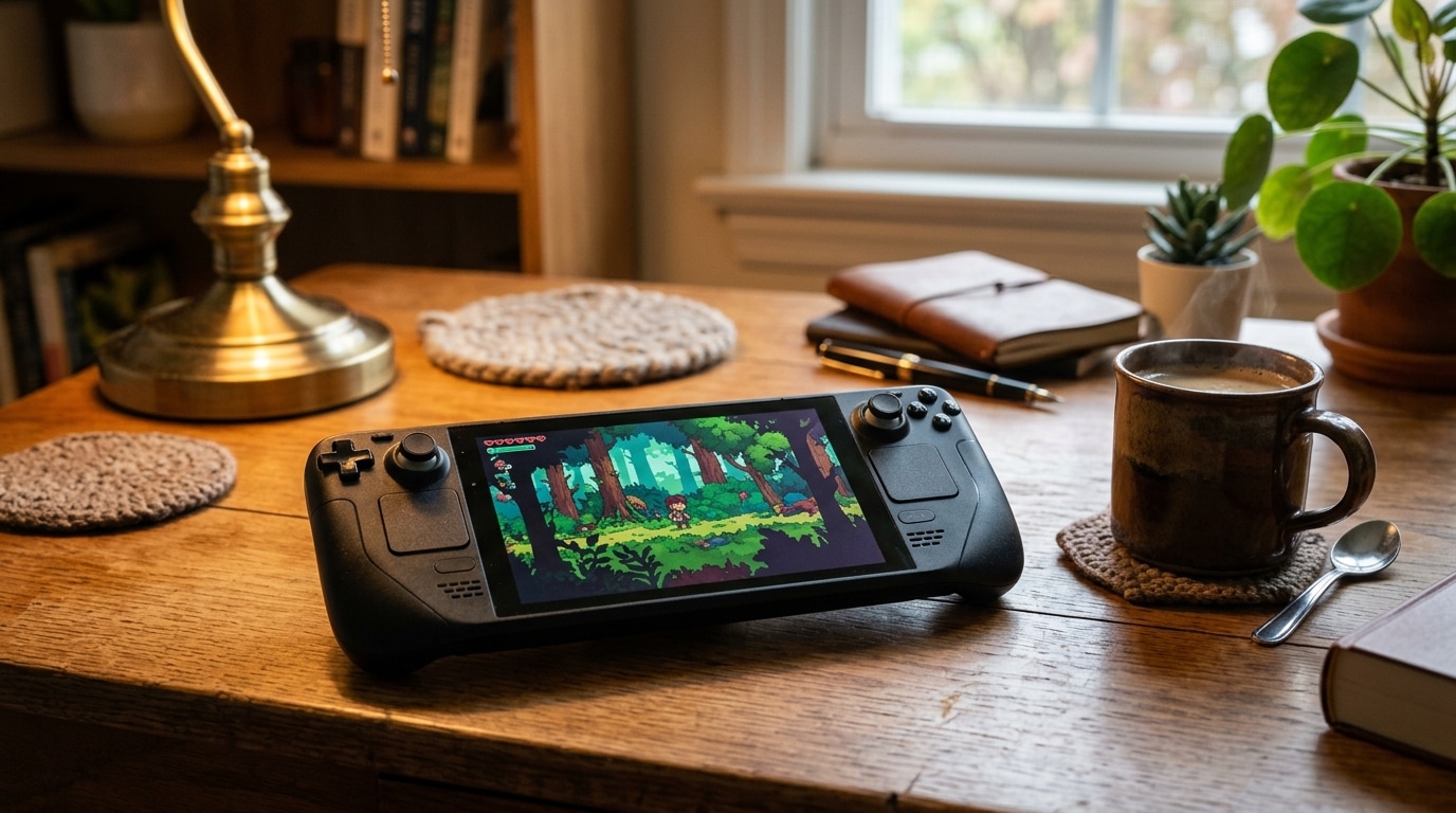 Console portable Steam Deck posée à côté d'un café