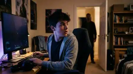 Adolescent effrayé devant son écran de jeu vidéo