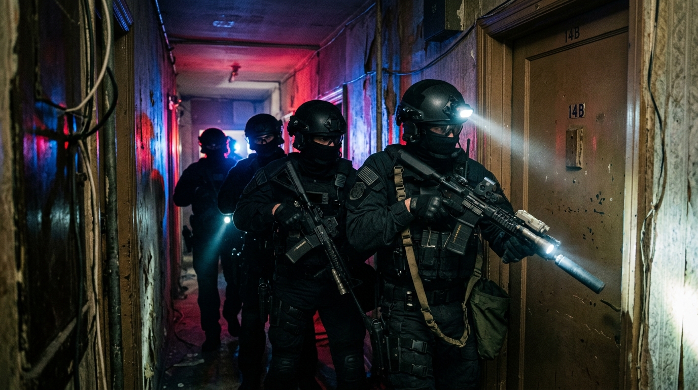 Policiers armés dans un couloir d'immeuble la nuit