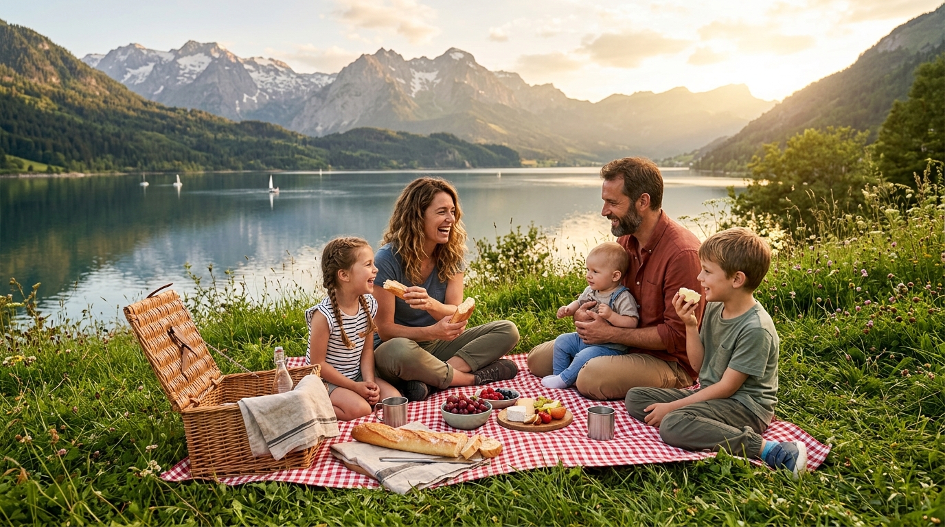 Pique-nique en famille au bord du lac de montagne