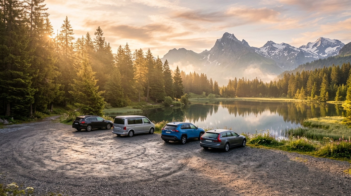 Parking vide tôt le matin près du lac