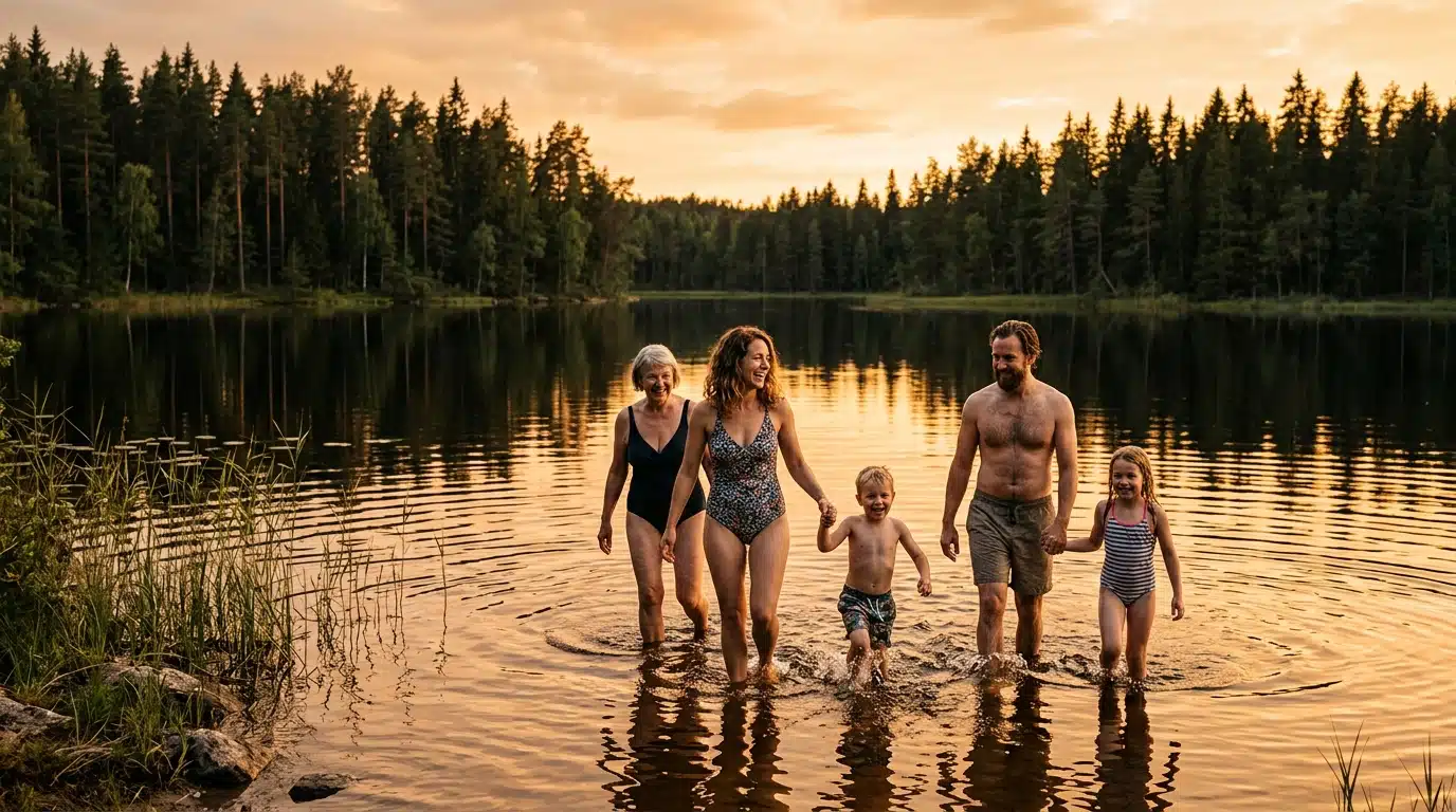Famille se baignant dans un lac landais entouré de pins