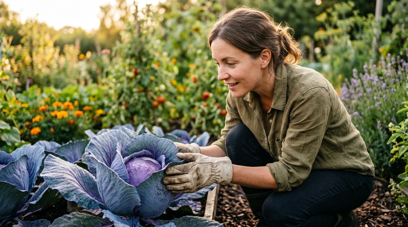 Jardinier émerveillé devant un plant de chou pourpre