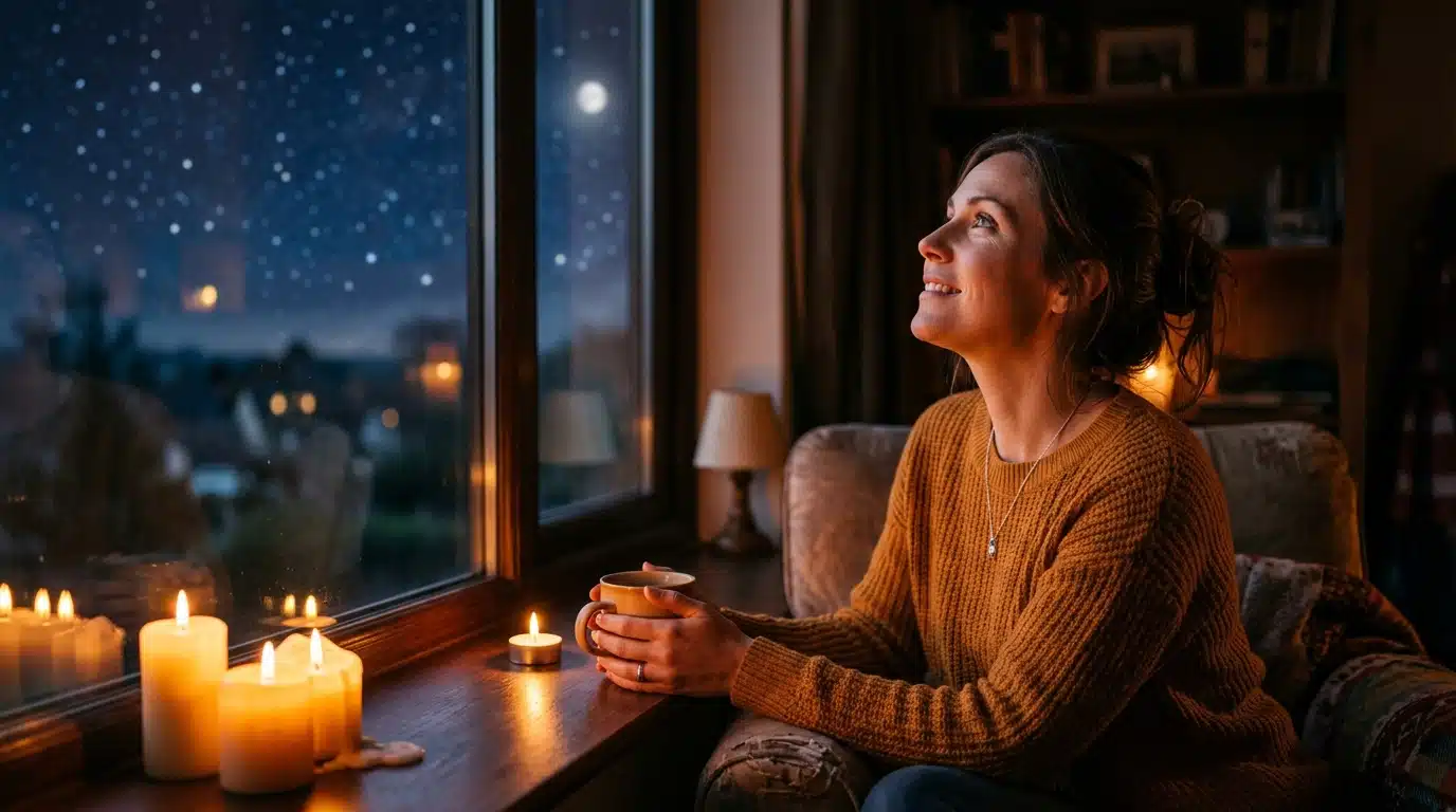 Femme pensive près d'une fenêtre sous un ciel étoilé