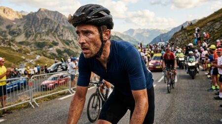 Cycliste épuisé lors d'une étape de montagne