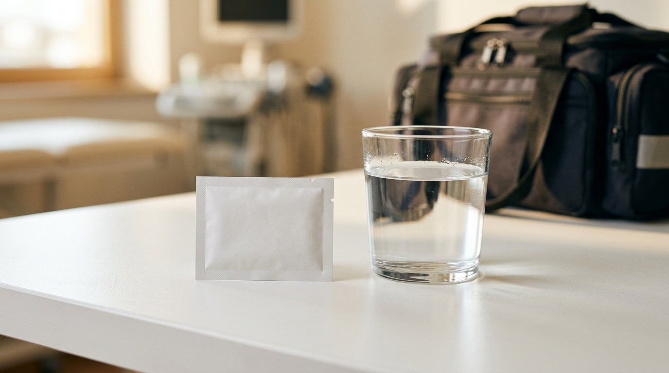 Sachet de poudre médicamenteuse près d'un verre d'eau